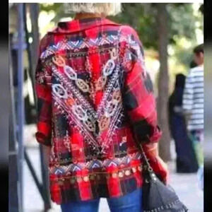 Zara Womens Red And Black Plaid Embroidered And Embellished Long Sleeve Top L